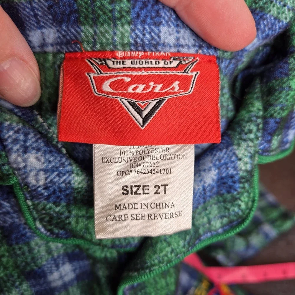 Y2K '05 Disney Cars‎ Green Plaid Fleece Pajama Set Size 3T Embroidered